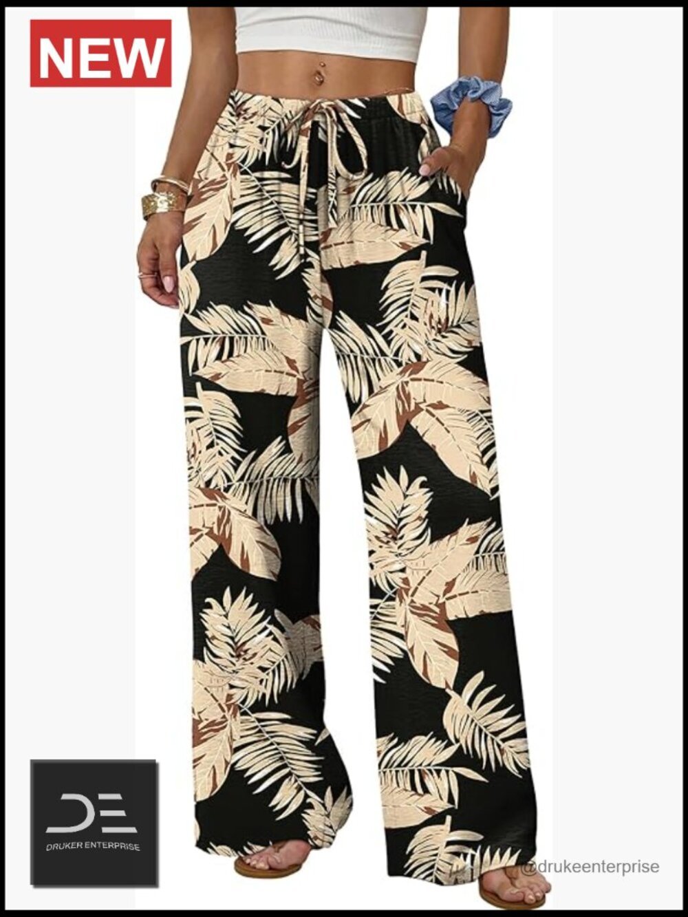 Wide Leg Pants Palazzo Drawstring Elastic Waist Trousers with Pockets Summer